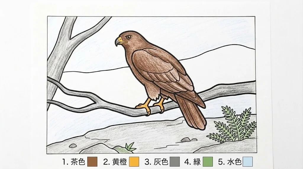 タカの塗り絵 完成見本（彩色の見本）