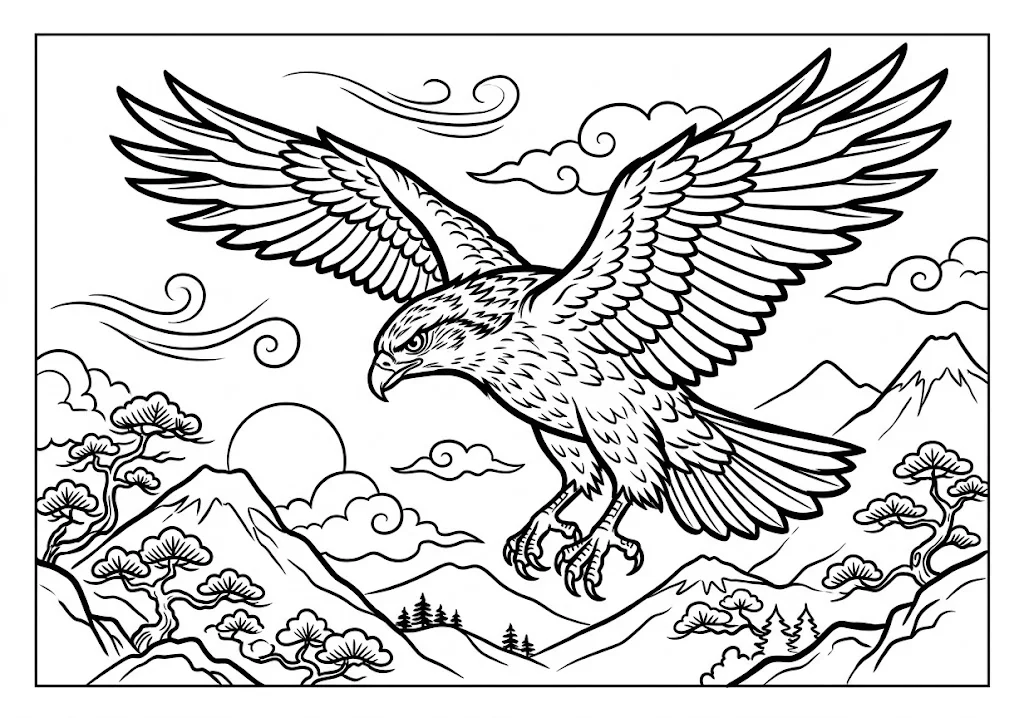 高齢者向け無料塗り絵：タカ（上級・A4印刷用）