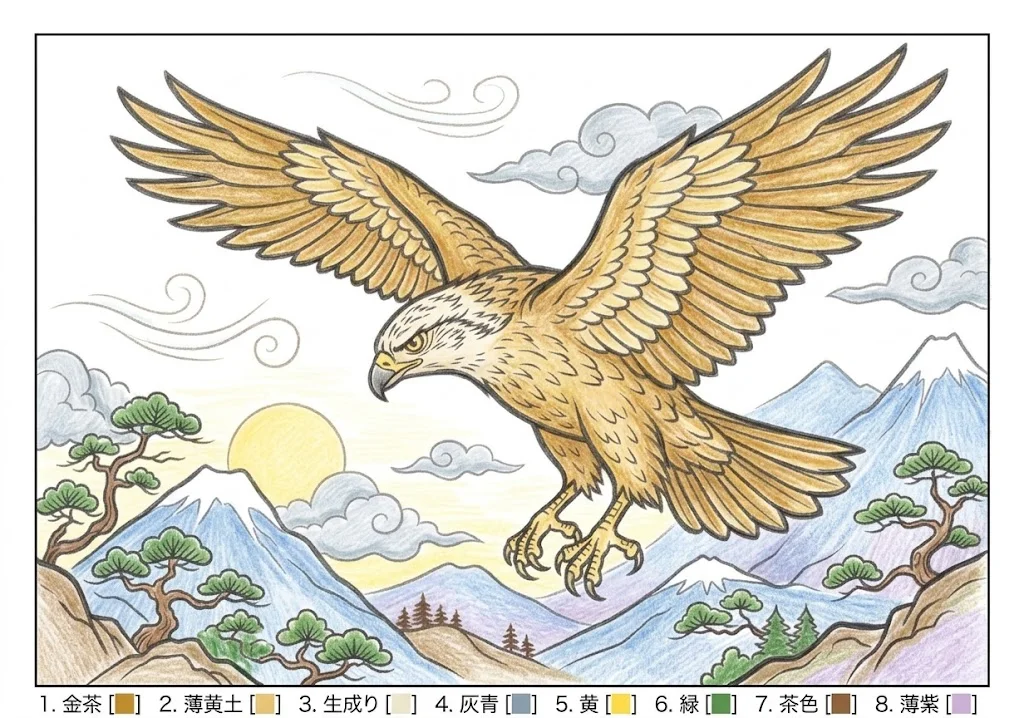 タカの塗り絵 完成見本（彩色の見本）