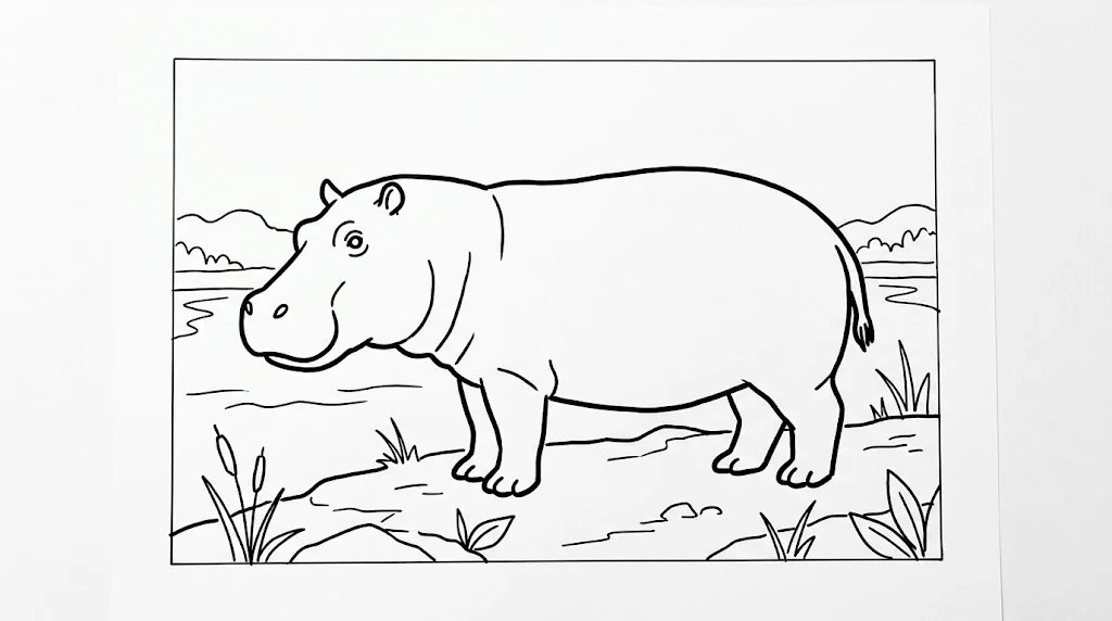 高齢者向け無料塗り絵：カバ（初級・A4印刷用）