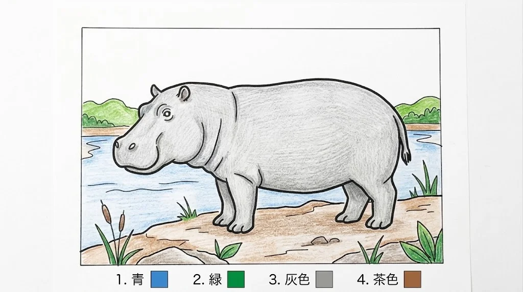 カバの塗り絵 完成見本（彩色の見本）