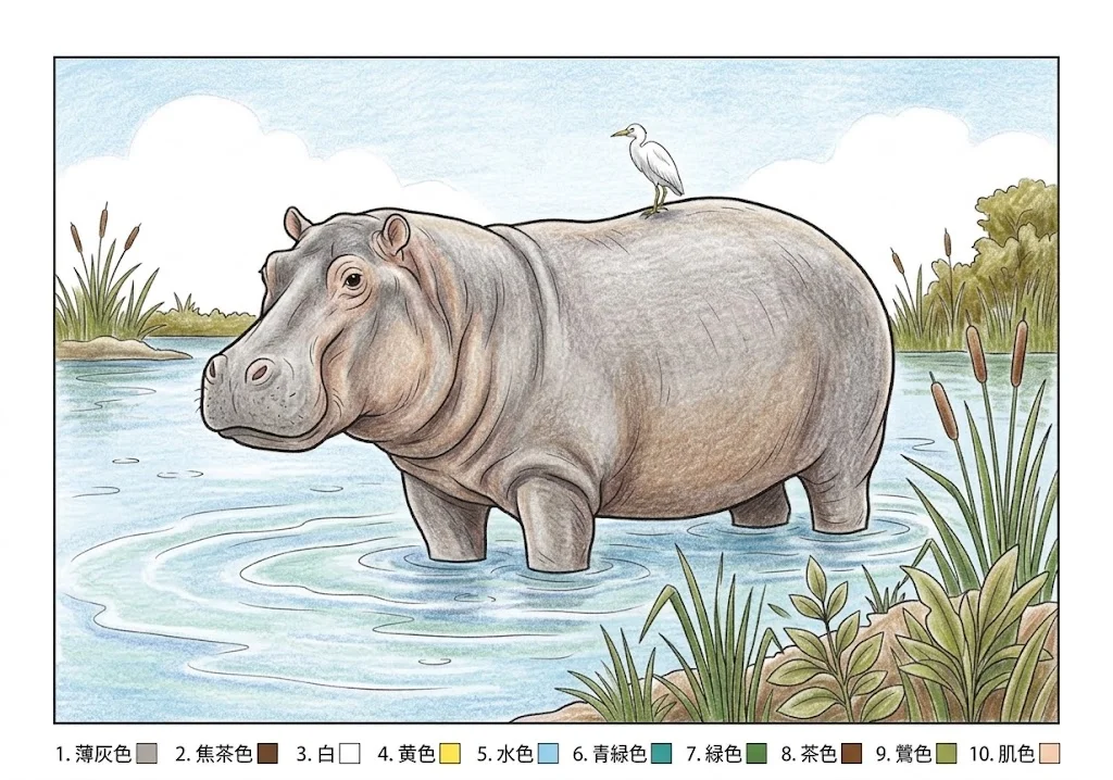 カバの塗り絵 完成見本（彩色の見本）