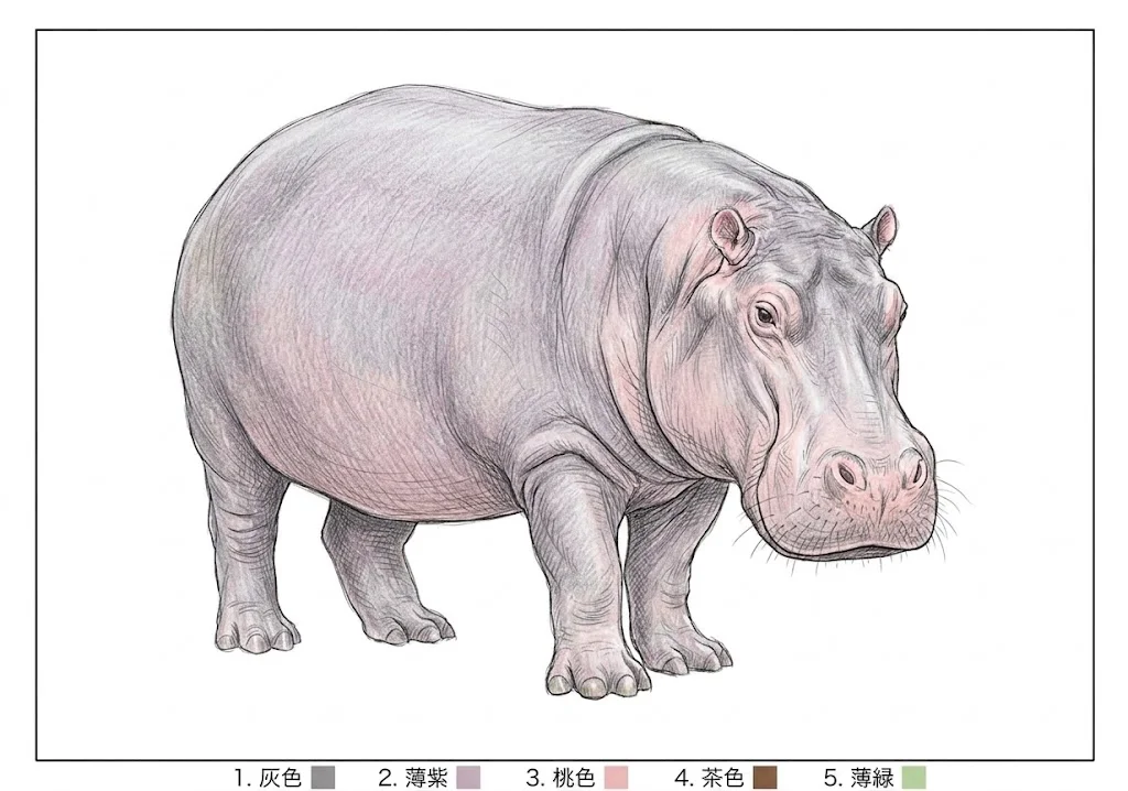 カバの塗り絵 完成見本（彩色の見本）