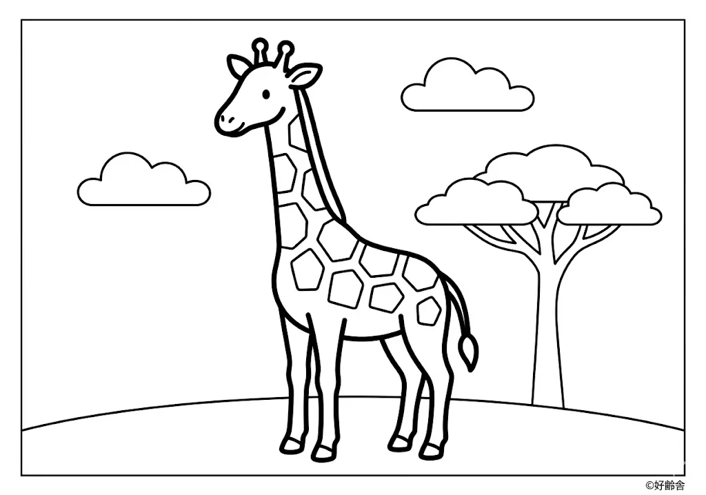 高齢者向け無料塗り絵：首の長いキリンの親子（初級・A4印刷用）