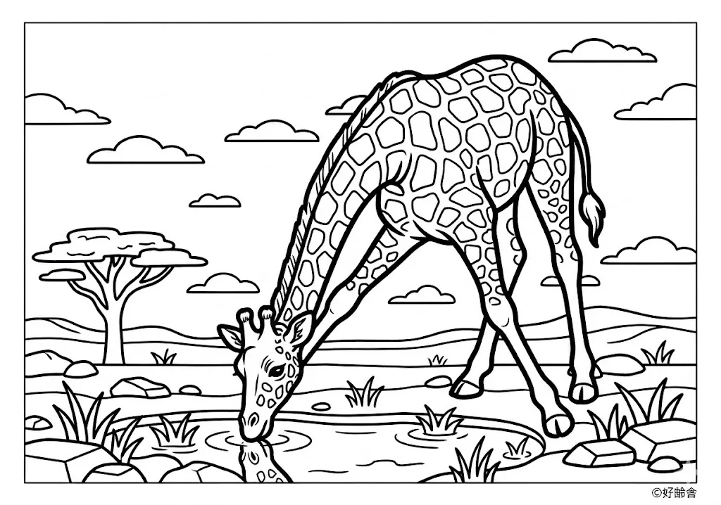 高齢者向け無料塗り絵：首の長いキリンの親子（上級・A4印刷用）
