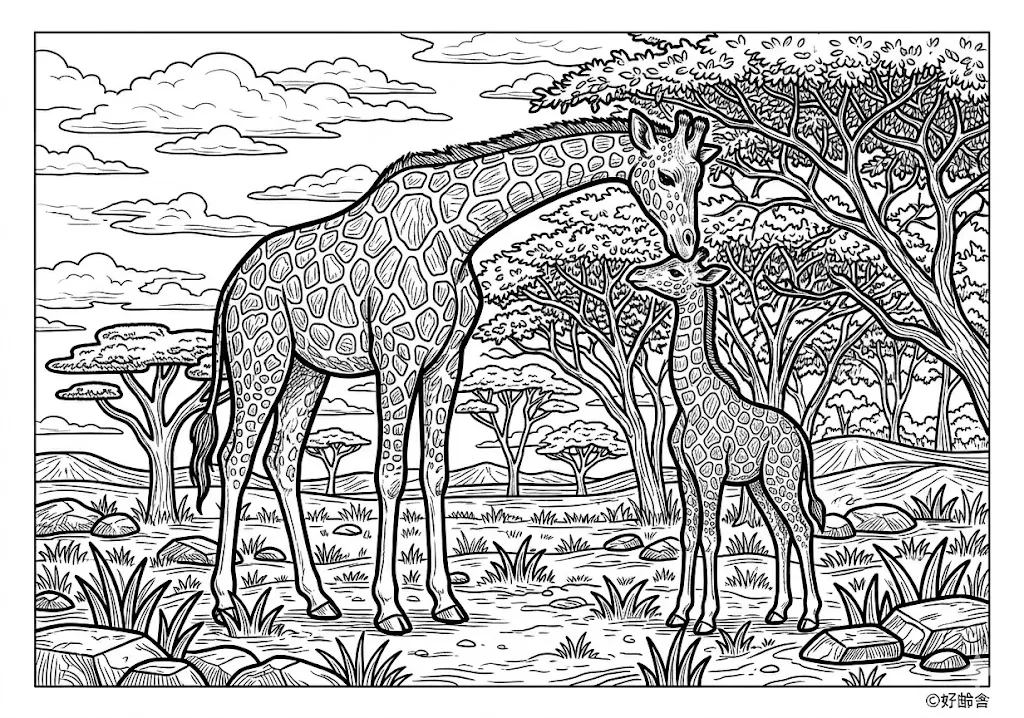 高齢者向け無料塗り絵：首の長いキリンの親子（芸術家・A4印刷用）