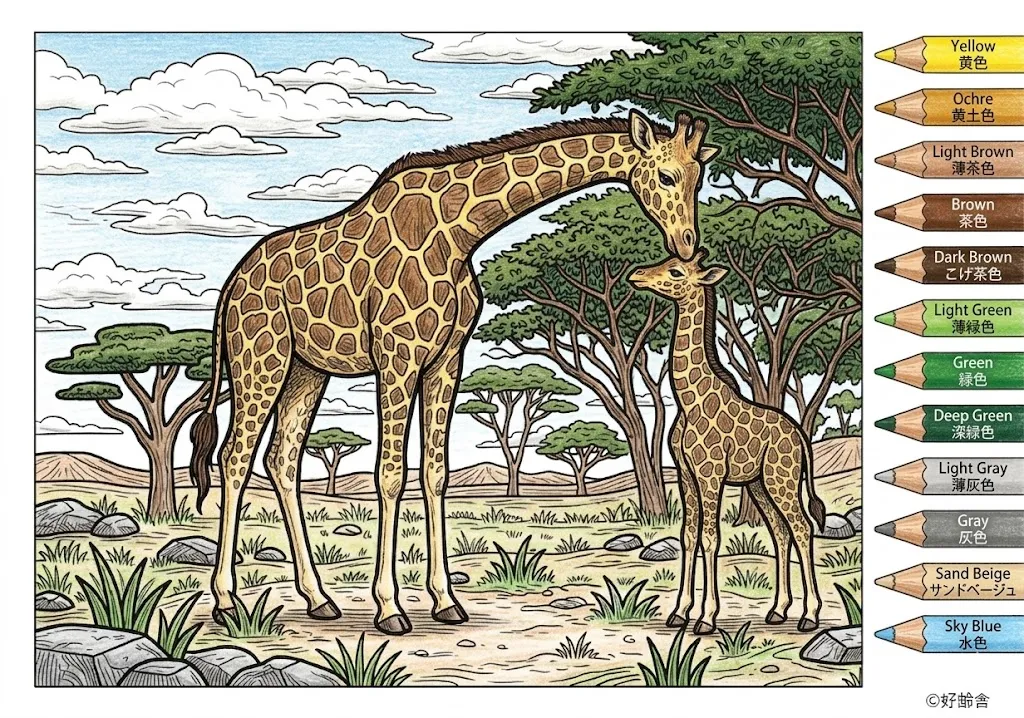 キリンの塗り絵 完成見本（彩色の見本）