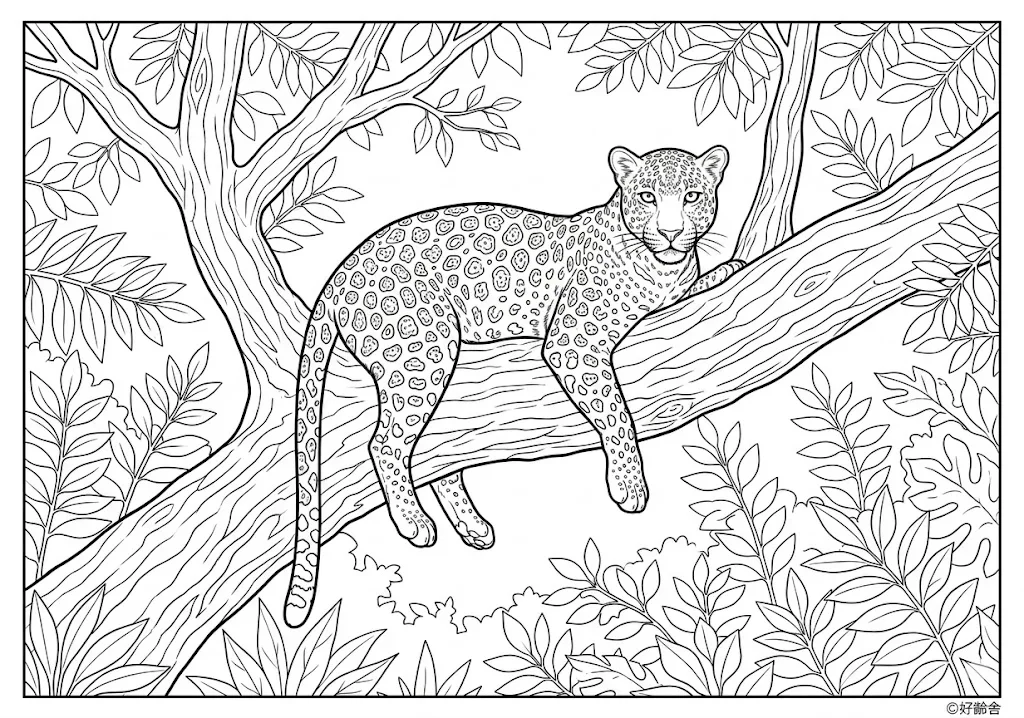 高齢者向け無料塗り絵：写実的なヒョウ（芸術家・A4印刷用）