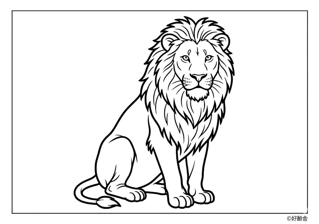 高齢者向け無料塗り絵：強くてかっこいいライオンの姿（中級・A4印刷用）