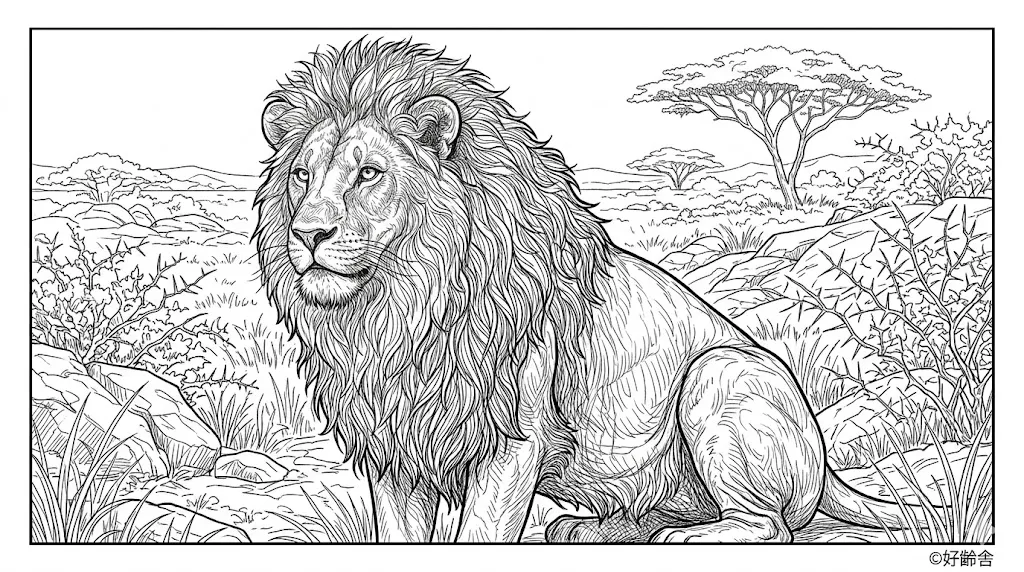 高齢者向け無料塗り絵：強くてかっこいいライオンの姿（芸術家・A4印刷用）