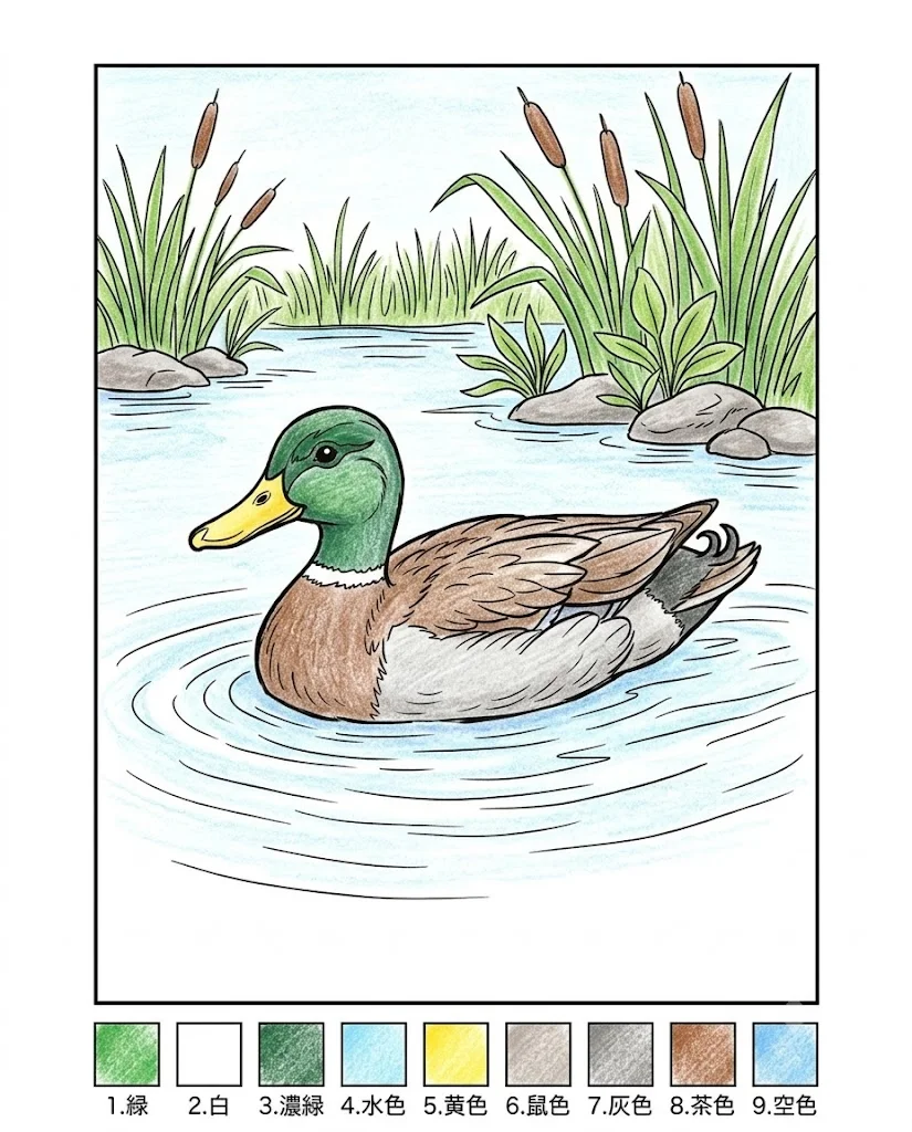 マガモの塗り絵 完成見本（彩色の見本）