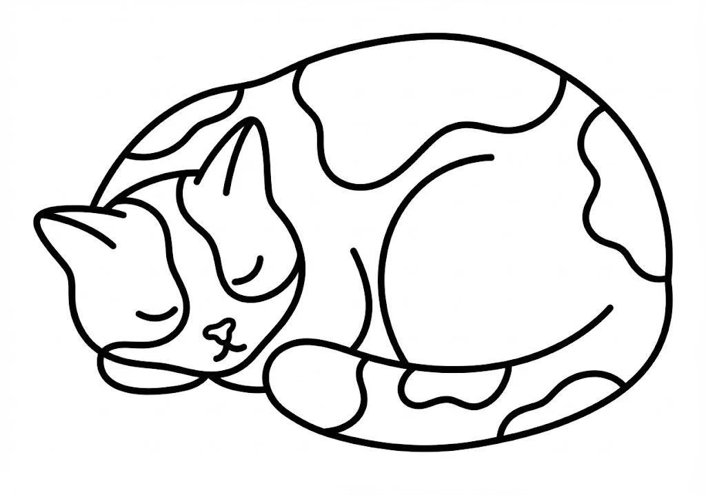 高齢者向け無料塗り絵：日向ぼっコの三毛猫（初級・A4印刷用）