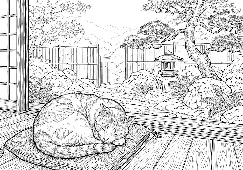 高齢者向け無料塗り絵：お昼寝を楽しむ猫のアップ（上級・A4印刷用）