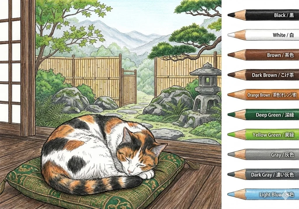 三毛猫の塗り絵 完成見本（彩色の見本）