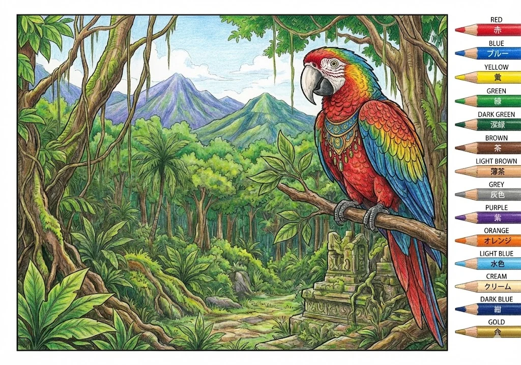 オウムの塗り絵 完成見本（彩色の見本）