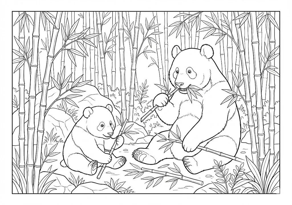 高齢者向け無料塗り絵：親子で食事中のパンダ（中級・A4印刷用）