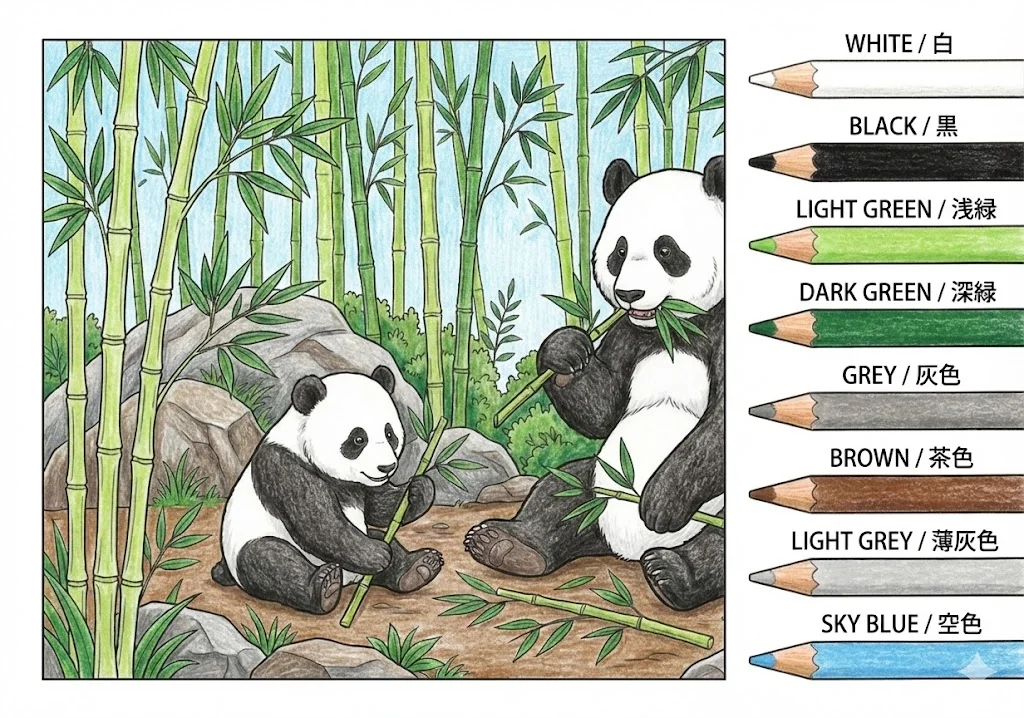 パンダの塗り絵 完成見本（彩色の見本）