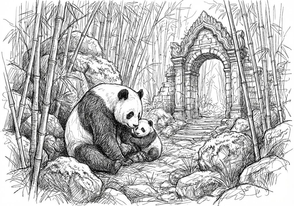 高齢者向け無料塗り絵：緻密に描写されたパンダ（芸術家・A4印刷用）