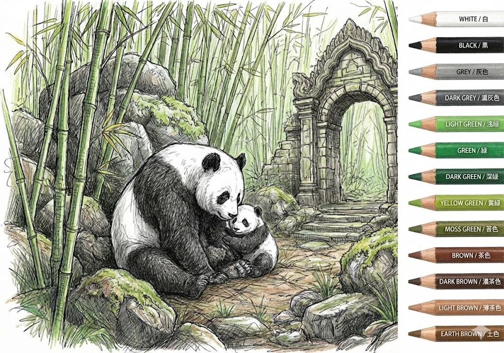 パンダの塗り絵 完成見本（彩色の見本）