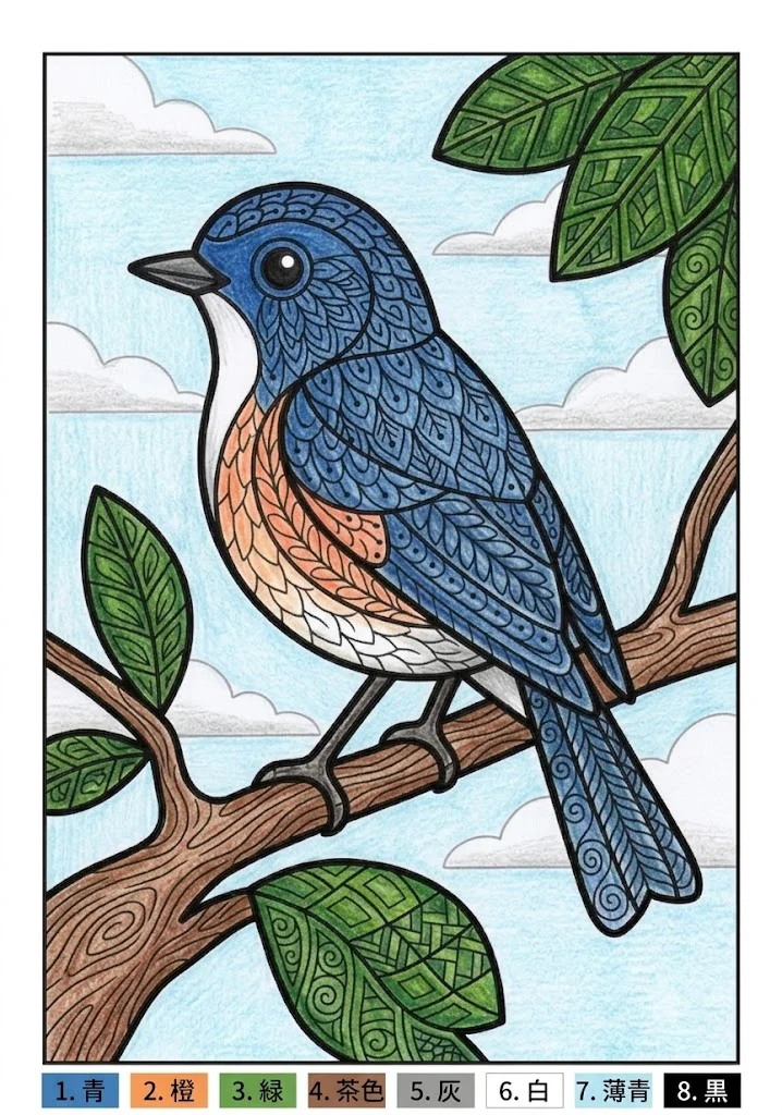 ルリビタキの塗り絵 完成見本（彩色の見本）