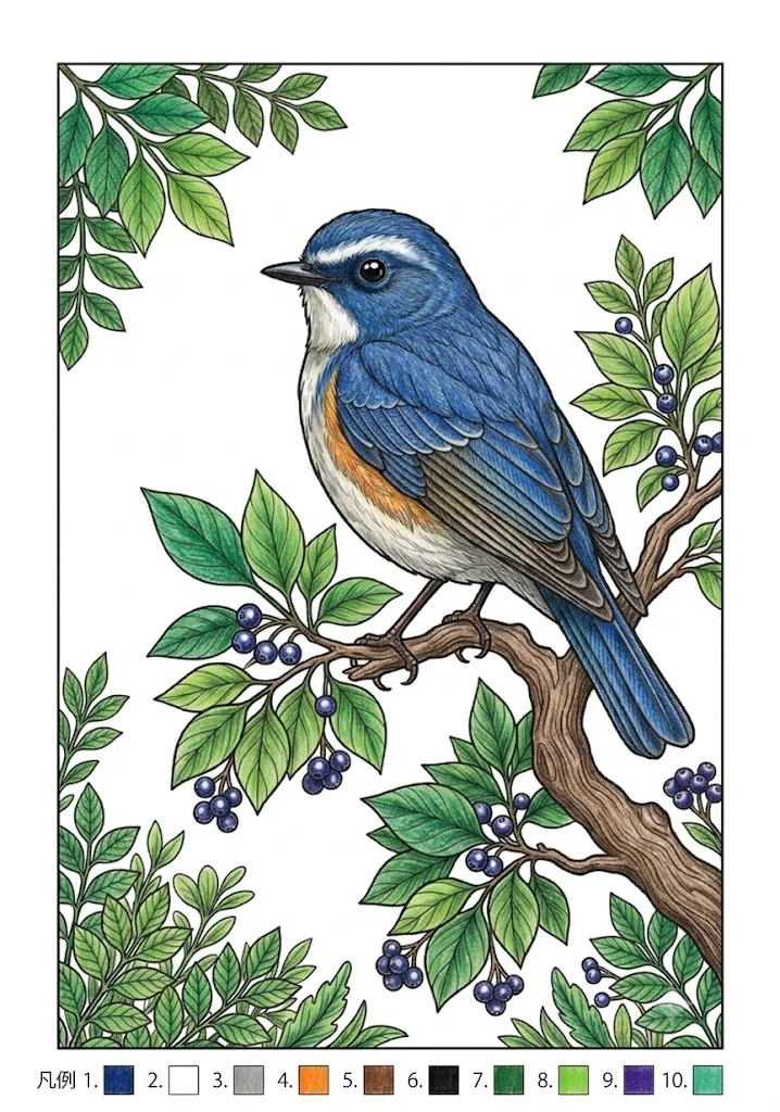 ルリビタキの塗り絵 完成見本（彩色の見本）