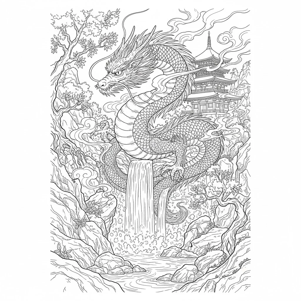高齢者向け無料塗り絵：荘厳な龍の細密画（芸術家・A4印刷用）