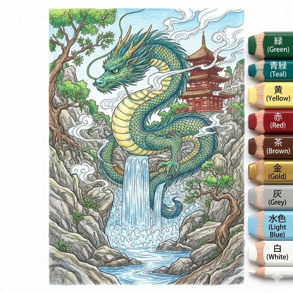 龍（たつ）の塗り絵 完成見本（彩色の見本）