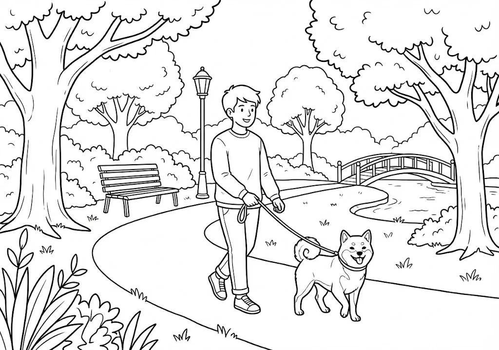 高齢者向け無料塗り絵：散歩を楽しむ柴犬（中級・A4印刷用）