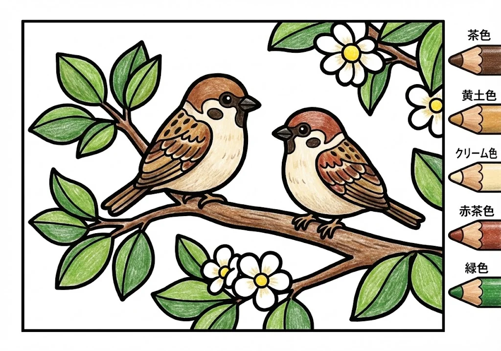 すずめの塗り絵 完成見本（彩色の見本）