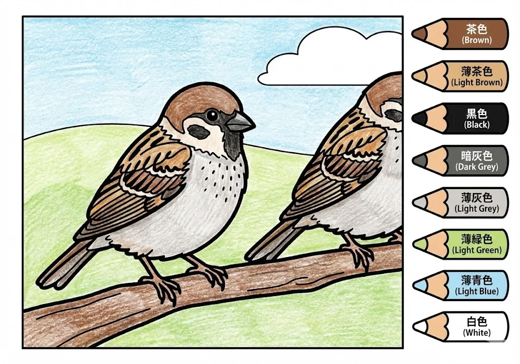 すずめの塗り絵 完成見本（彩色の見本）