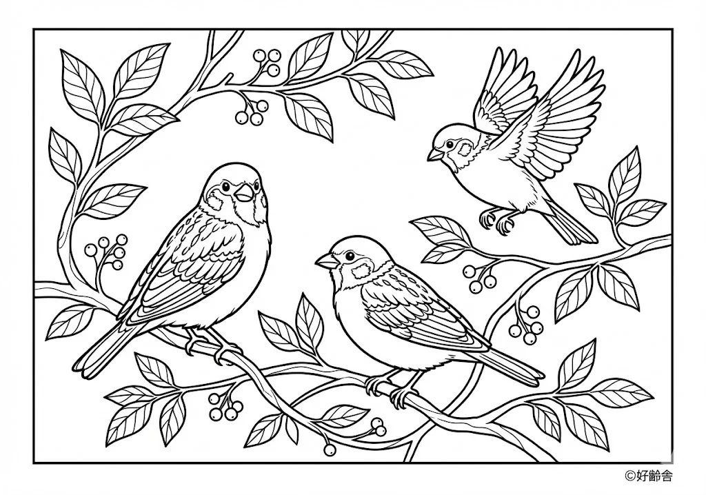 高齢者向け無料塗り絵：二羽のすずめ（上級・A4印刷用）