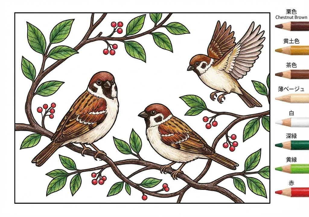 すずめの塗り絵 完成見本（彩色の見本）