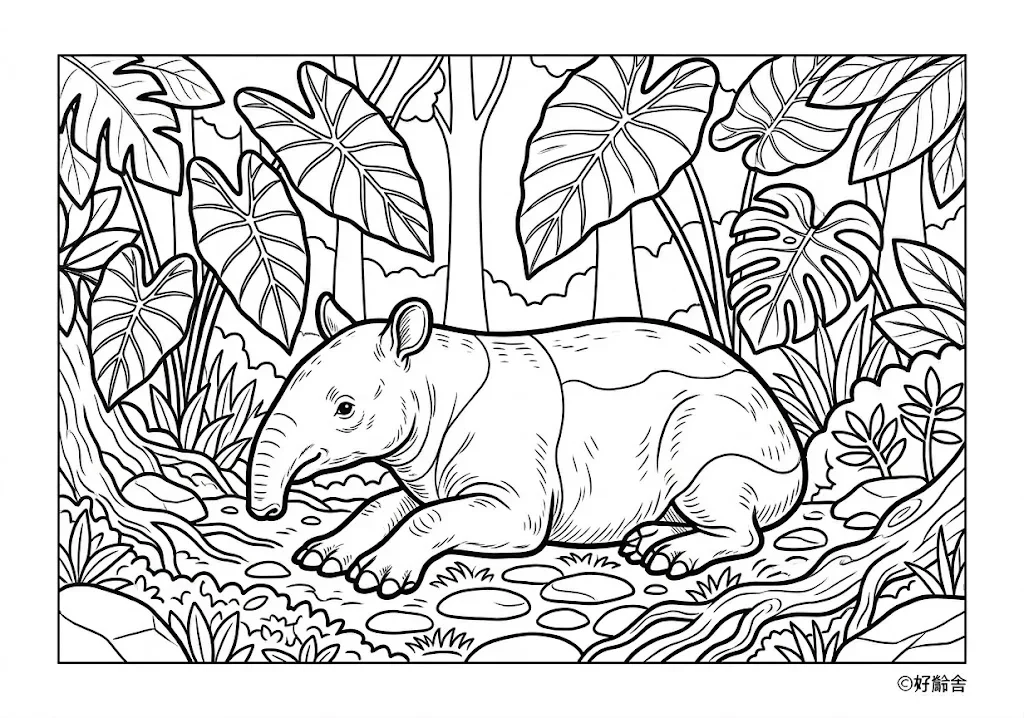 高齢者向け無料塗り絵：草を食べるバク（上級・A4印刷用）