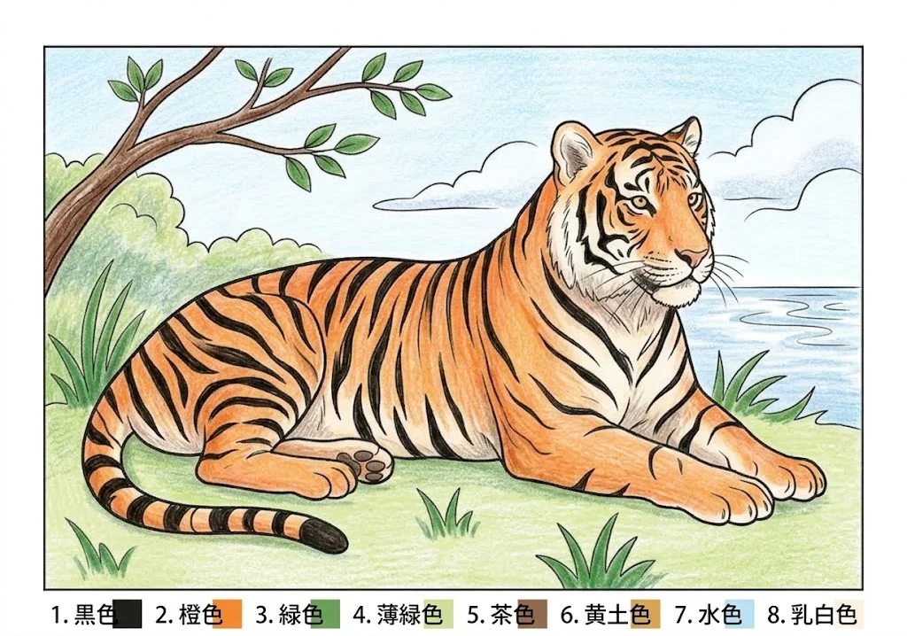 トラの塗り絵 完成見本（彩色の見本）
