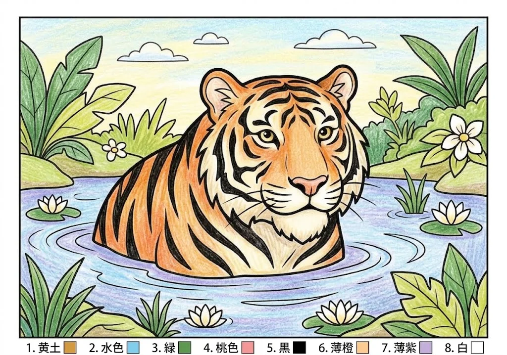 トラの塗り絵 完成見本（彩色の見本）