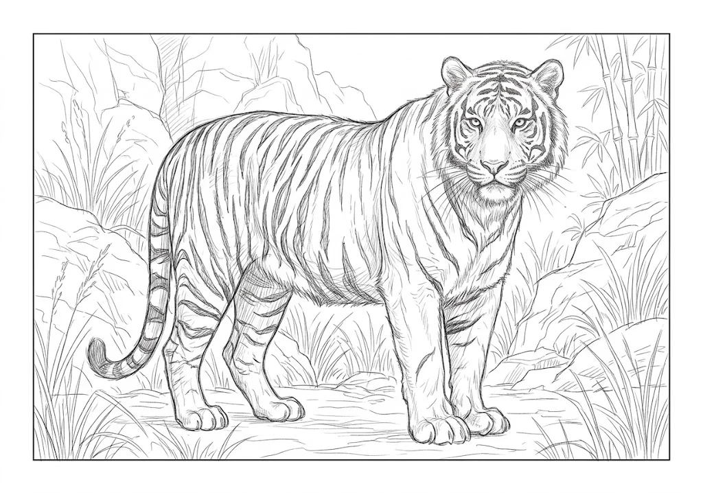 高齢者向け無料塗り絵：トラ（芸術家・A4印刷用）