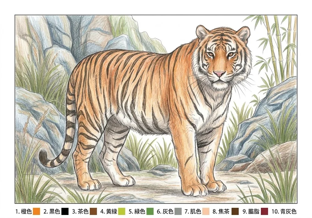 トラの塗り絵 完成見本（彩色の見本）