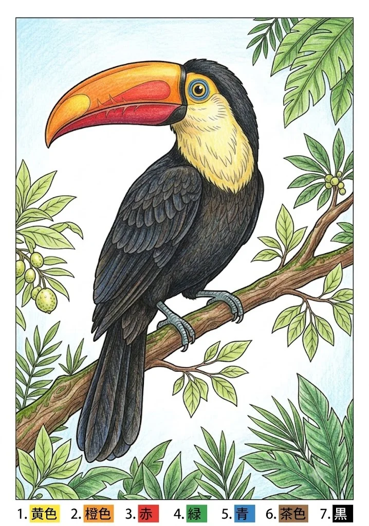 オオハシの塗り絵 完成見本（彩色の見本）