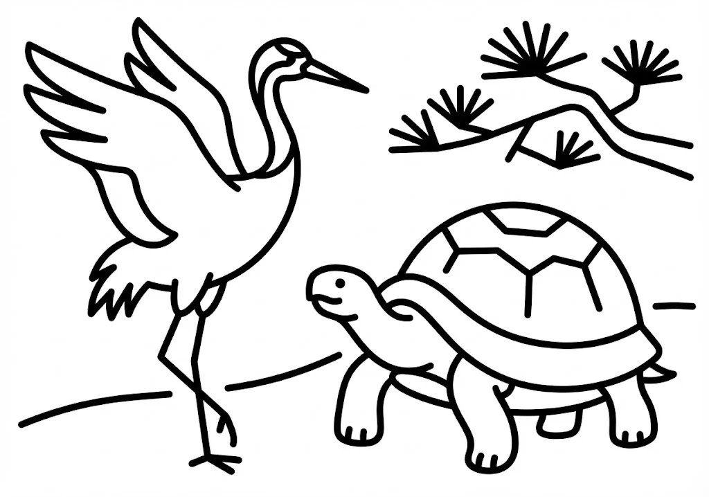 高齢者向け無料塗り絵：長寿の象徴、鶴と亀（初級・A4印刷用）
