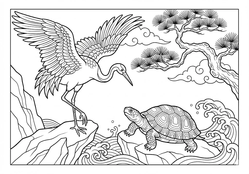 高齢者向け無料塗り絵：松の木の下の鶴亀（中級・A4印刷用）
