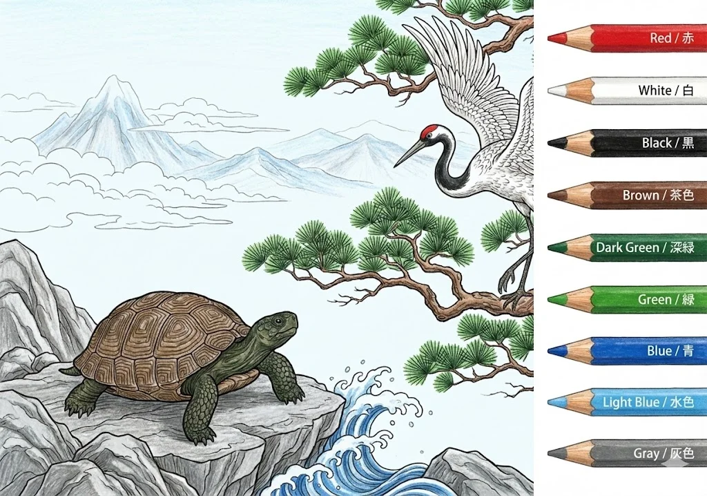 鶴と亀の塗り絵 完成見本（彩色の見本）