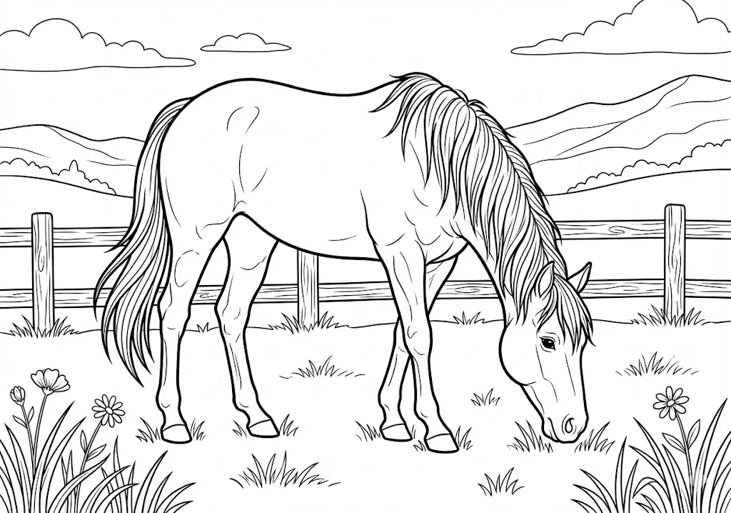 高齢者向け無料塗り絵：牧草地の馬（中級・A4印刷用）