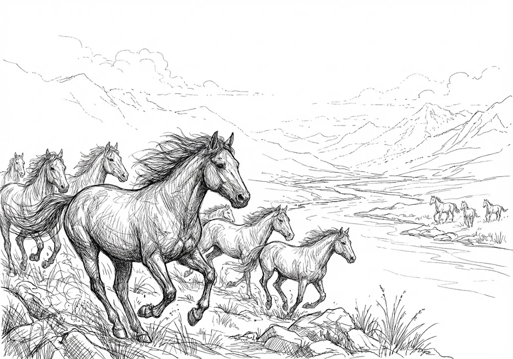 高齢者向け無料塗り絵：迫力のいななき（芸術家・A4印刷用）