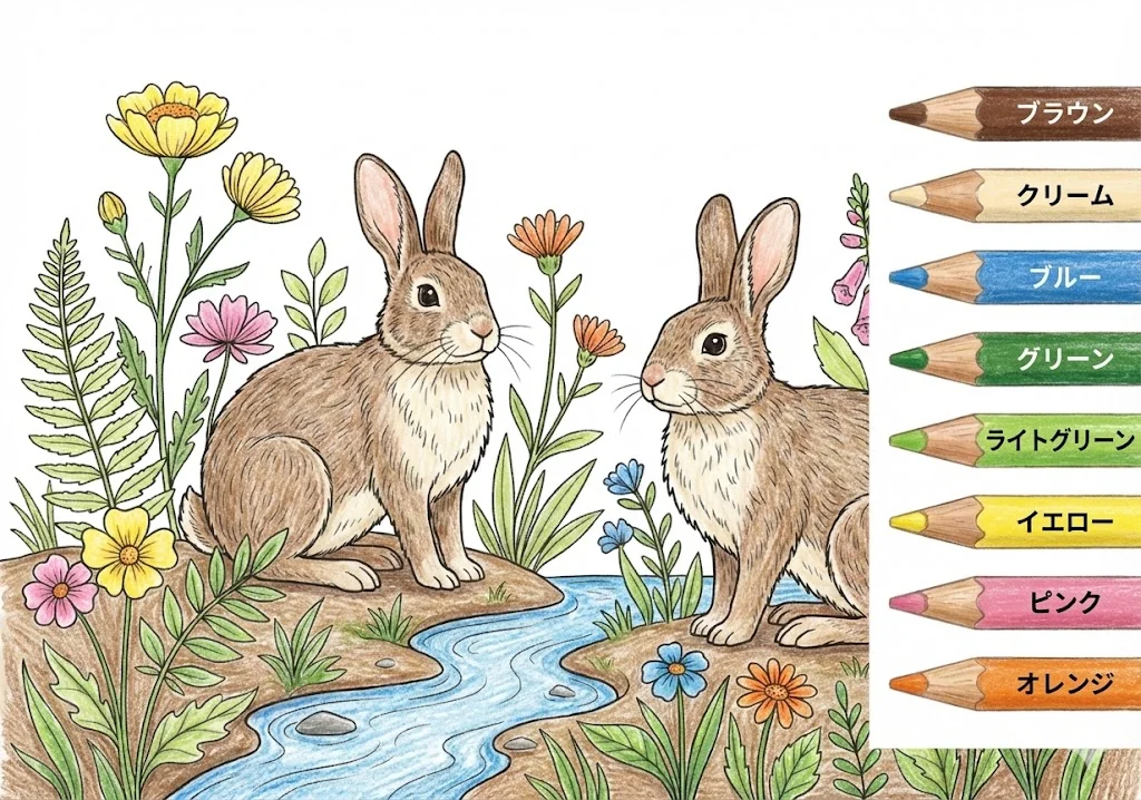 うさぎの塗り絵 完成見本（彩色の見本）