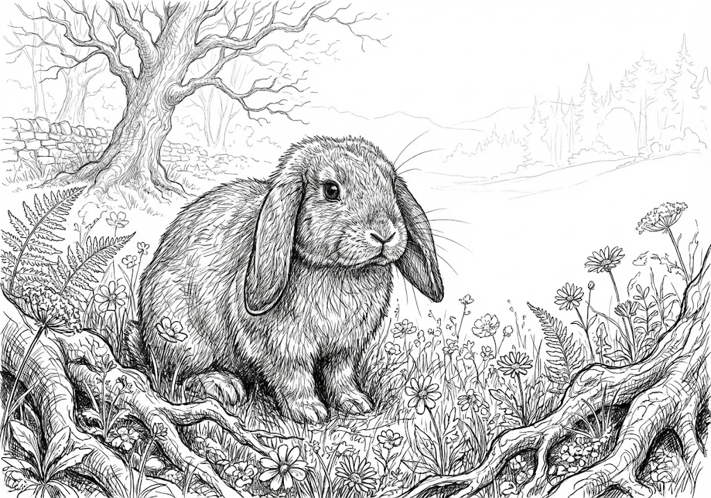 高齢者向け無料塗り絵：力強くリアルなノウサギ（芸術家・A4印刷用）