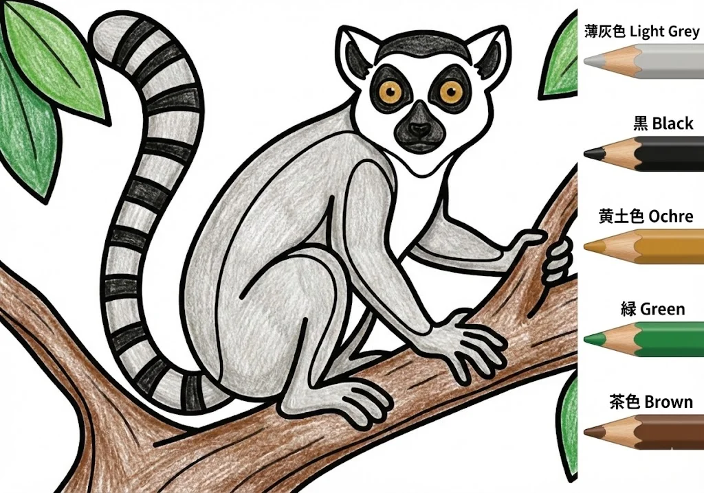 ワオキツネザルの塗り絵 完成見本（彩色の見本）