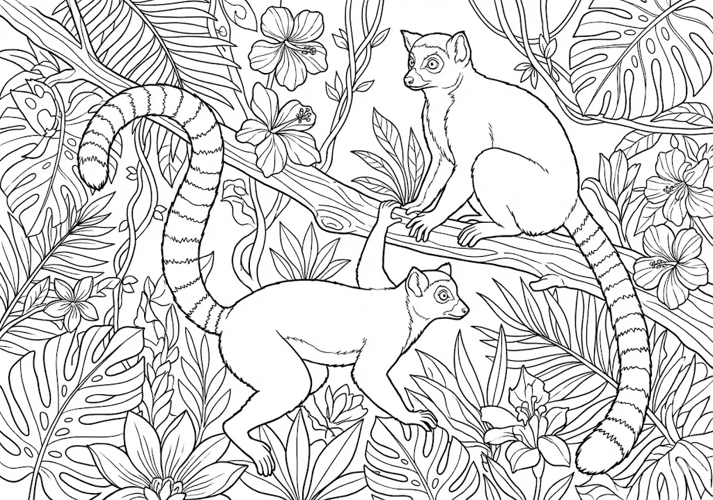 高齢者向け無料塗り絵：群れで過ごすキツネザル（中級・A4印刷用）