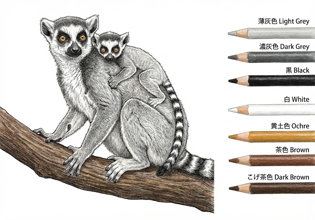 ワオキツネザルの塗り絵 完成見本（彩色の見本）