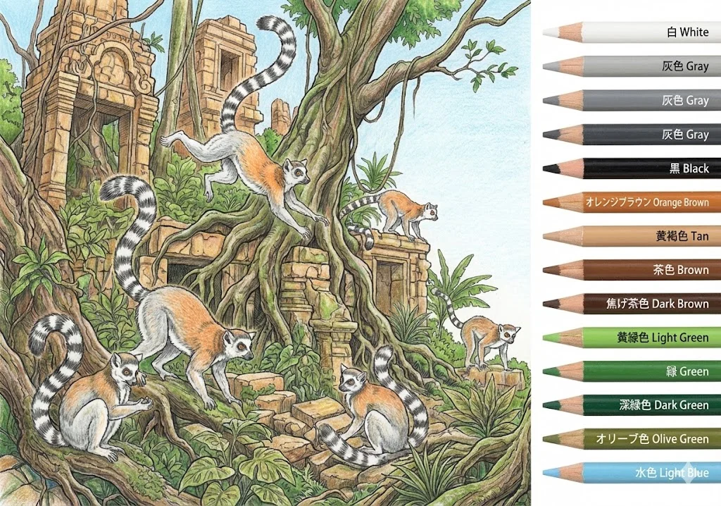 ワオキツネザルの塗り絵 完成見本（彩色の見本）