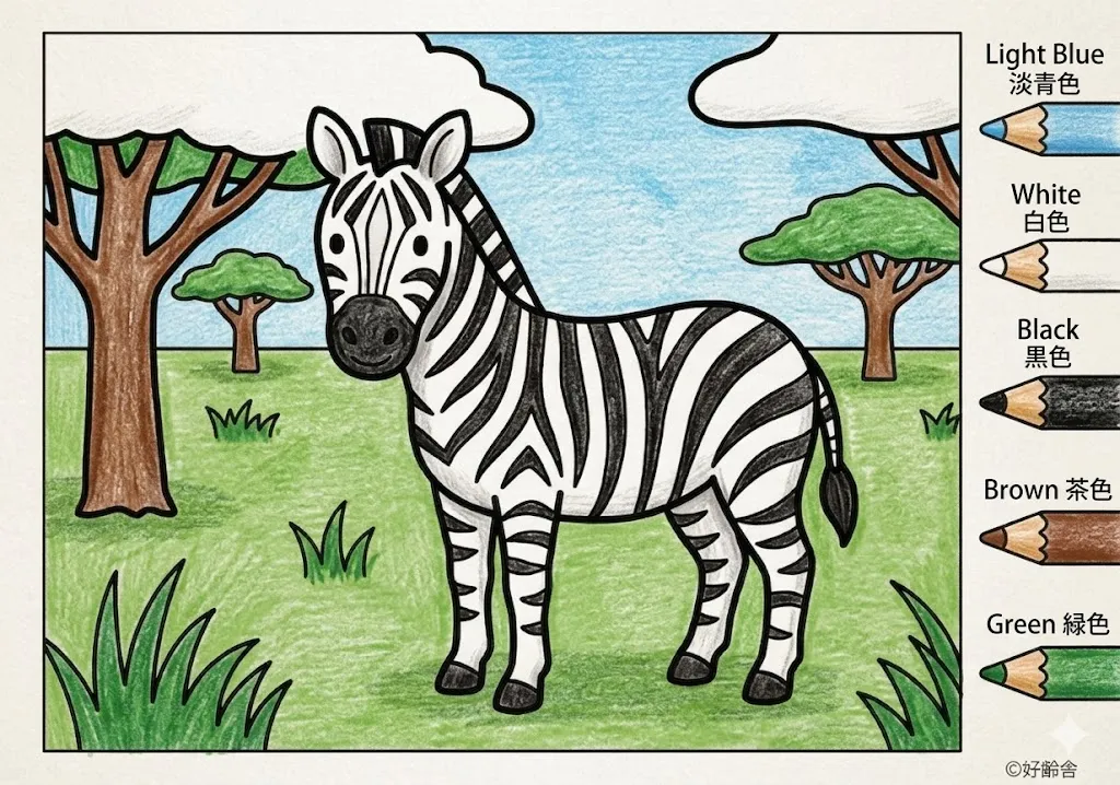 シマウマの塗り絵 完成見本（彩色の見本）